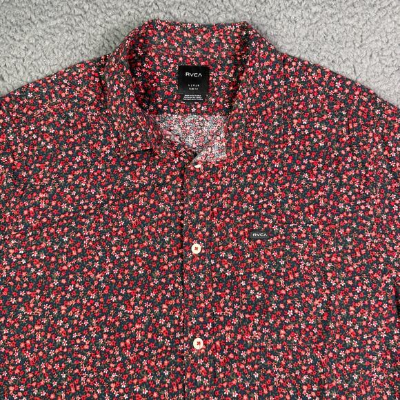 RVCA Shirt Mens Large Red Floral Hawaiian Slim Fit Button Up Short Sleeve - Picture 1 of 7